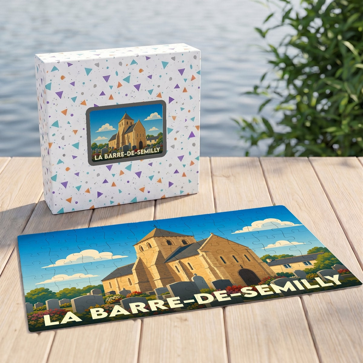 Puzzle souvenir de la ville de La Barre-de-Semilly avec une illustration stylisée de son église.