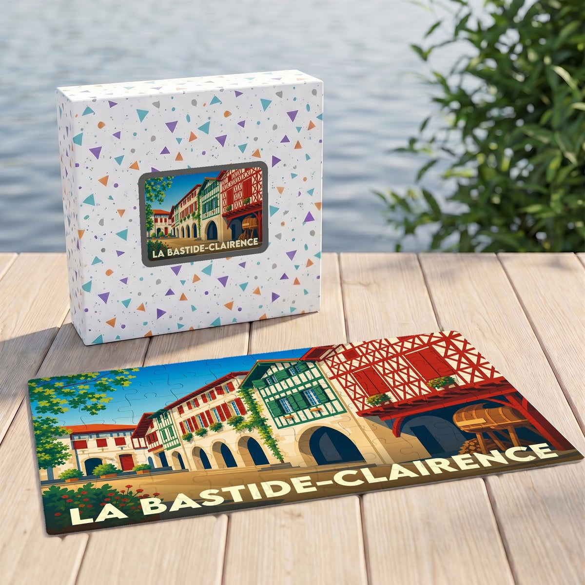 Puzzle souvenir de la ville de La Bastide-Clairence avec une illustration stylisée et sa boîte assortie.