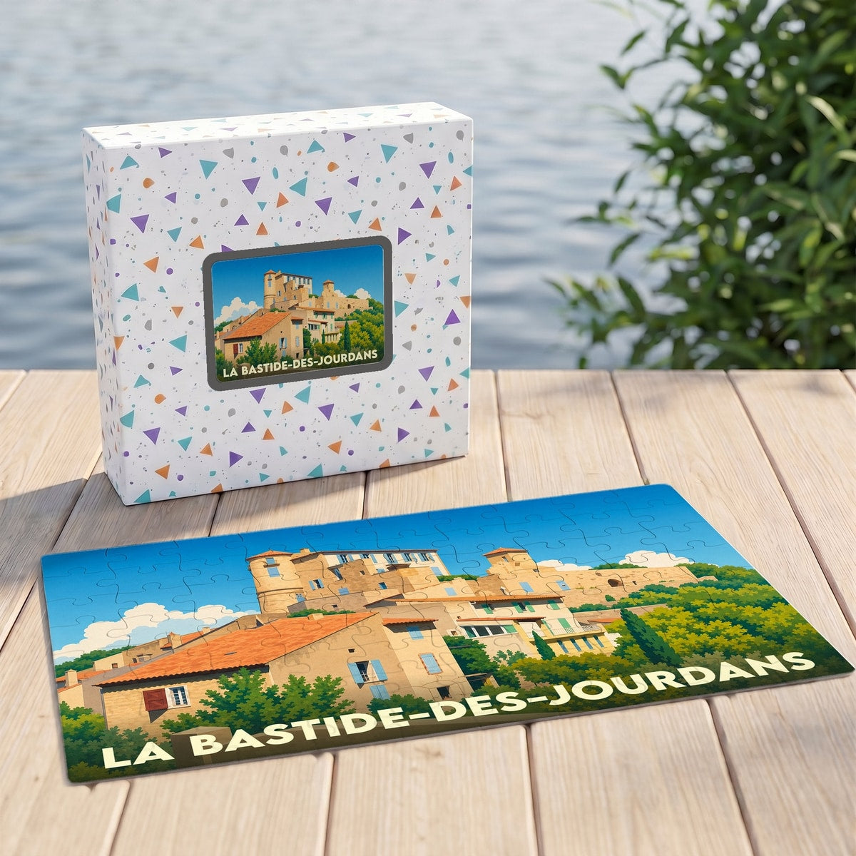 Puzzle souvenir de la ville de La Bastide-des-Jourdans avec une illustration stylisée et son coffret assorti.