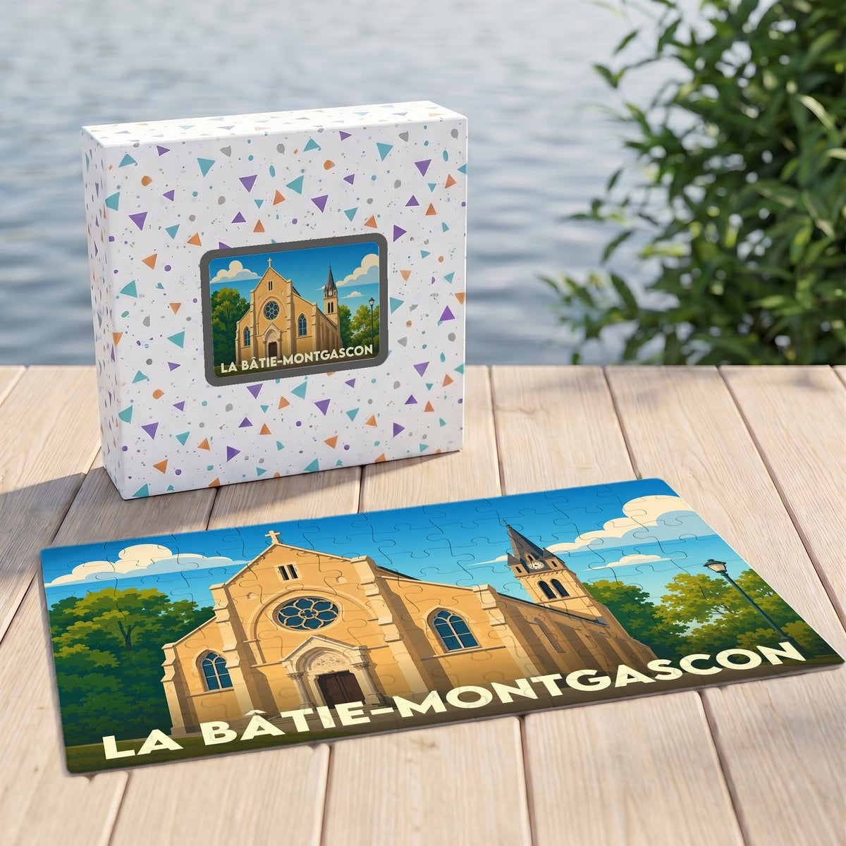 Puzzle souvenir de la ville de La Bâtie-Montgascon avec une illustration stylisée de son église.