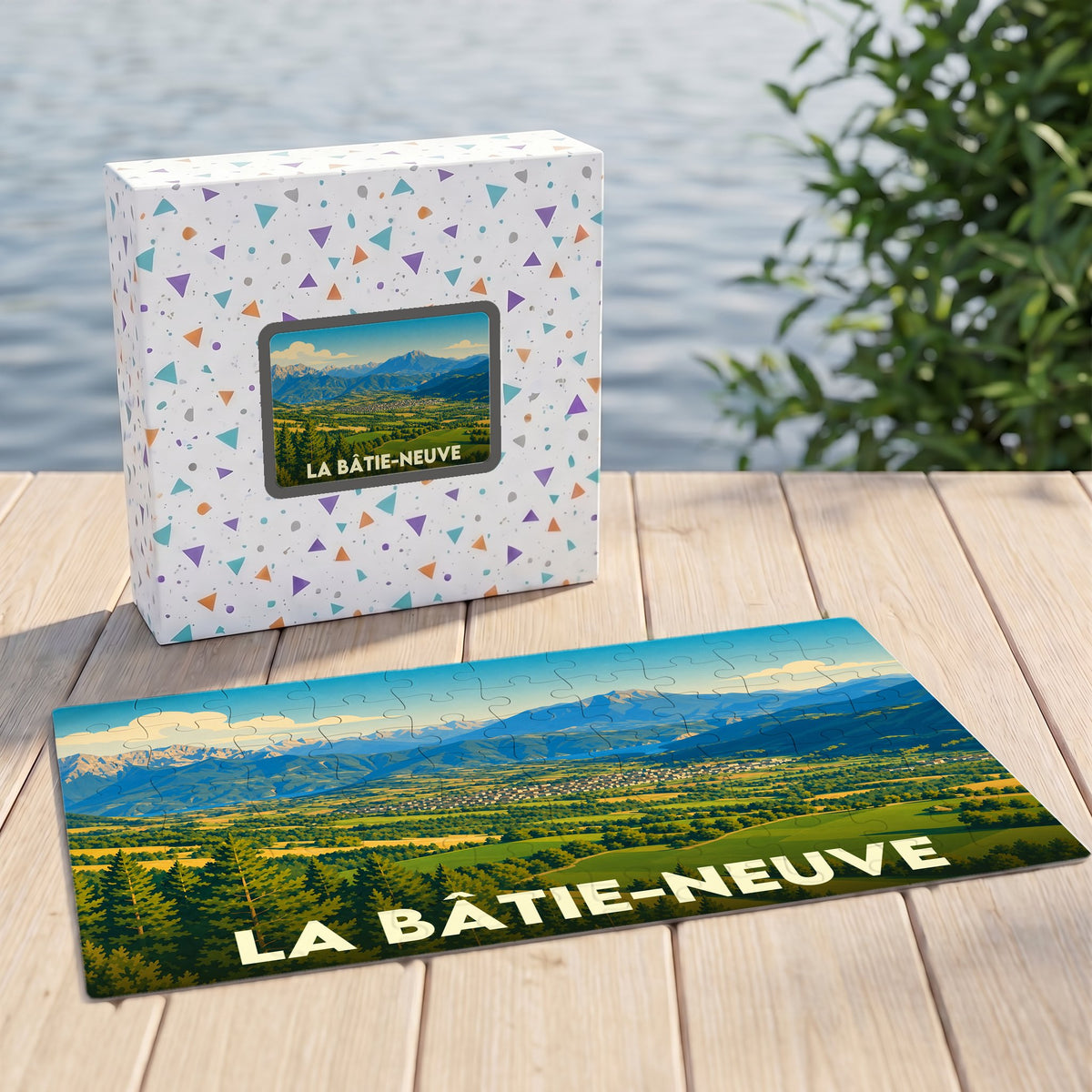 Puzzle souvenir de la ville de La Bâtie-Neuve illustré par un paysage de montagne panoramique.