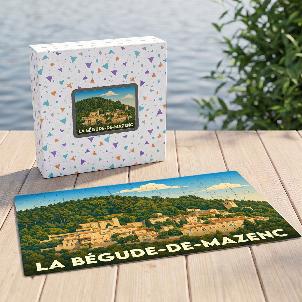 Puzzle souvenir de la ville de La Bégude-de-Mazenc avec une illustration stylisée de son village perché.
