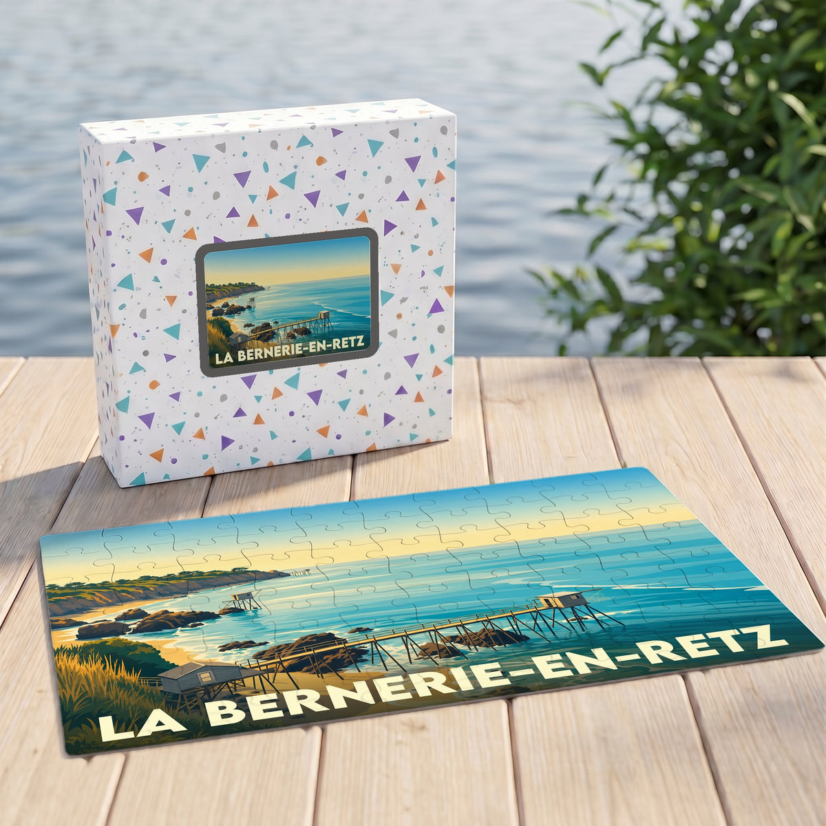 Puzzle souvenir de la ville de La Bernerie-en-Retz avec une illustration stylisée d'un paysage côtier.