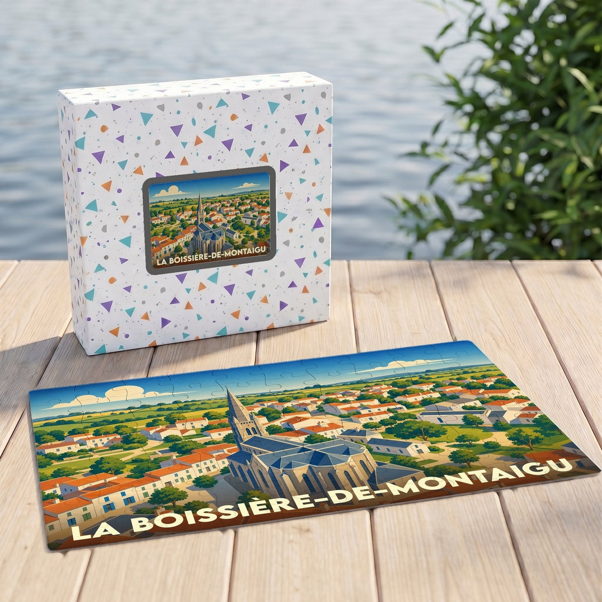 Puzzle souvenir de la ville de La Boissière-de-Montaigu illustrant une vue aérienne stylisée de son église et de ses toits rouges.