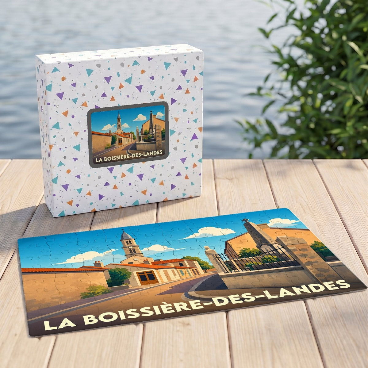 Puzzle souvenir de la ville de La Boissière-des-Landes avec une illustration stylisée d'un paysage urbain.