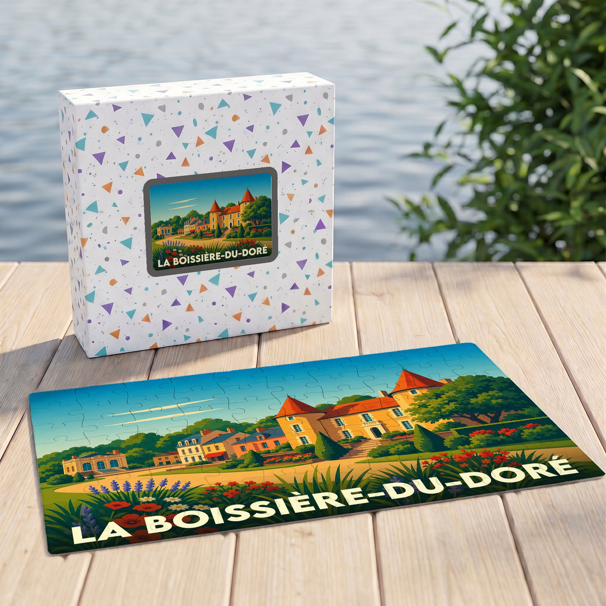 Puzzle souvenir de la ville de La Boissière-du-Doré avec une illustration stylisée d'un domaine fleuri.