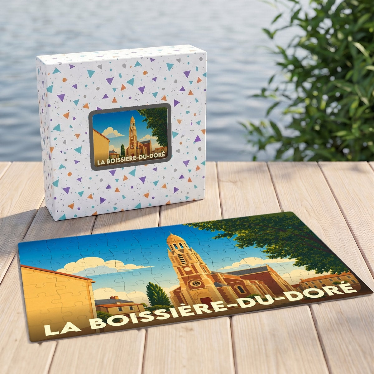 Puzzle souvenir de la ville de La Boissière-du-Doré avec une illustration stylisée de son église.