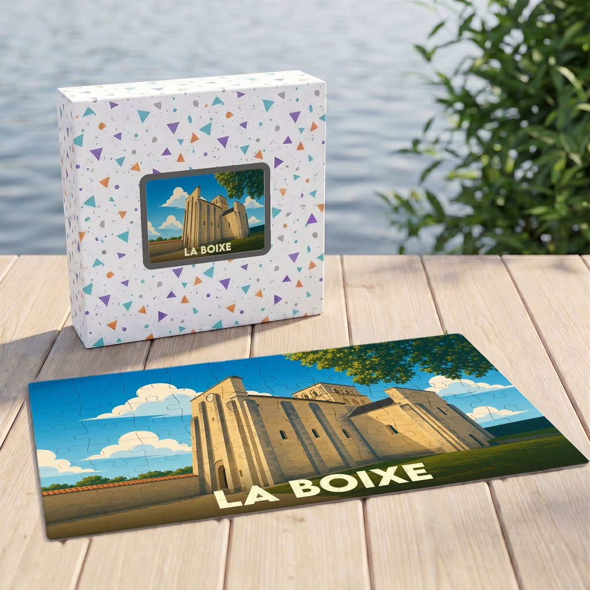 Puzzle souvenir de la ville de La Boixe représentant son église dans un style illustré.