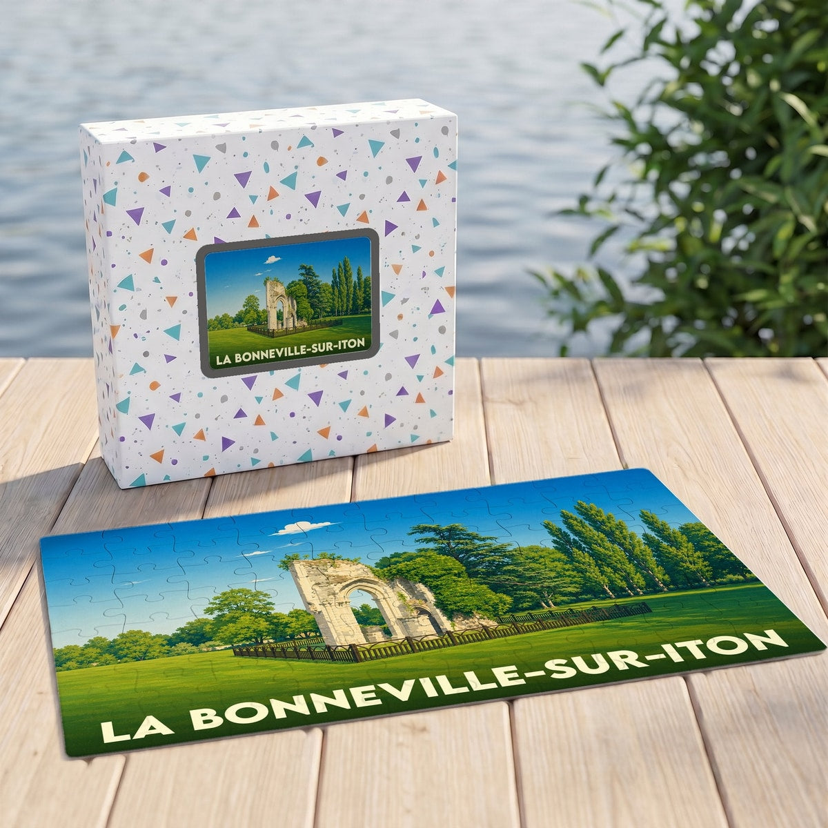 Puzzle souvenir de la ville de La Bonneville-sur-Iton avec une illustration stylisée de ses ruines historiques.