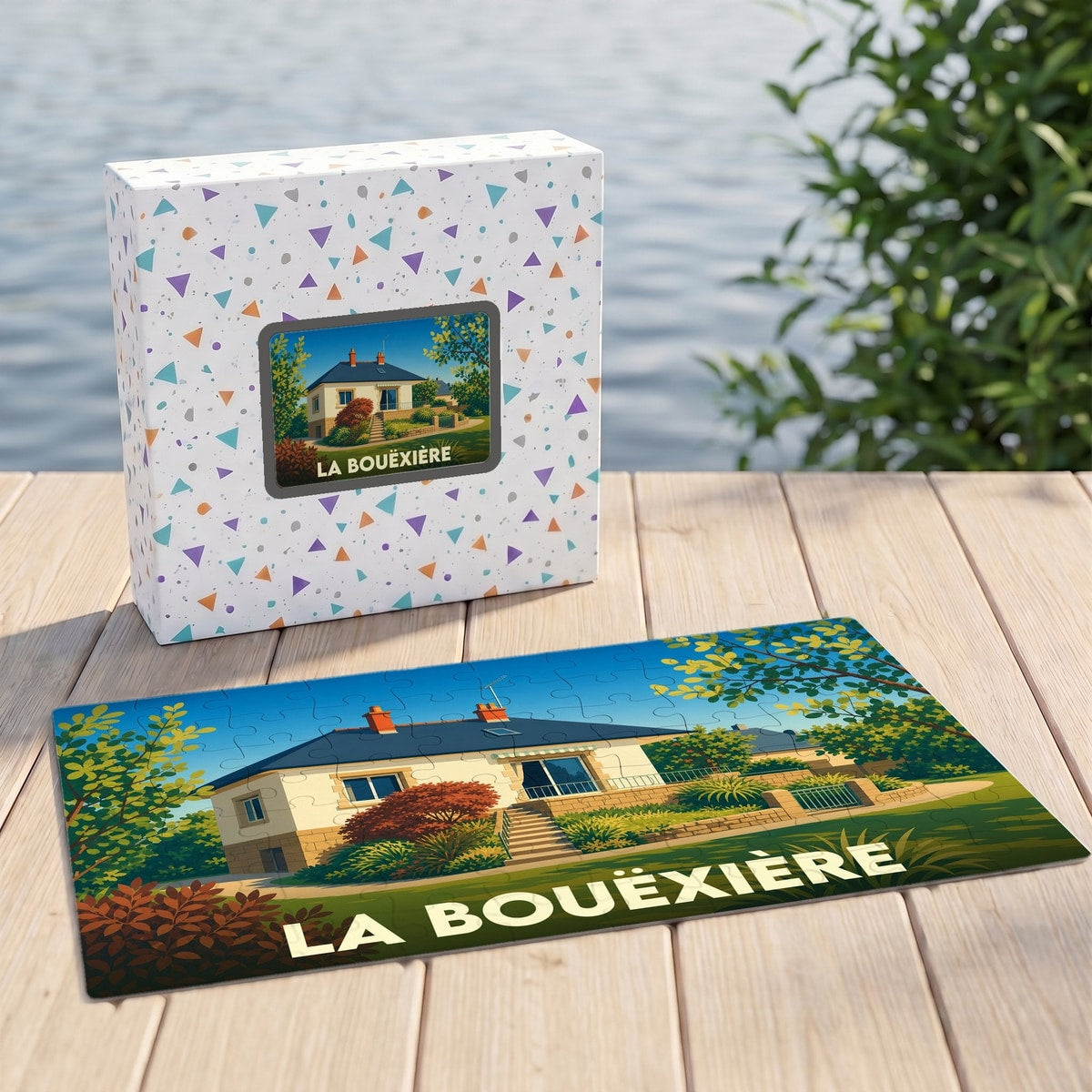 Puzzle souvenir de la ville de La Bouëxière avec une illustration stylisée d'une maison.