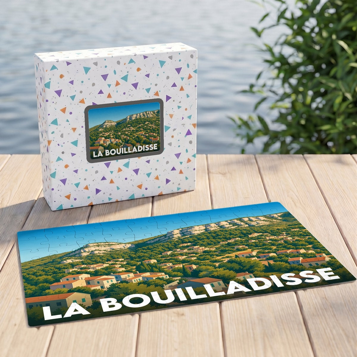 Puzzle souvenir de la ville de La Bouilladisse avec une illustration de paysage collinaire et son nom inscrit en blanc.