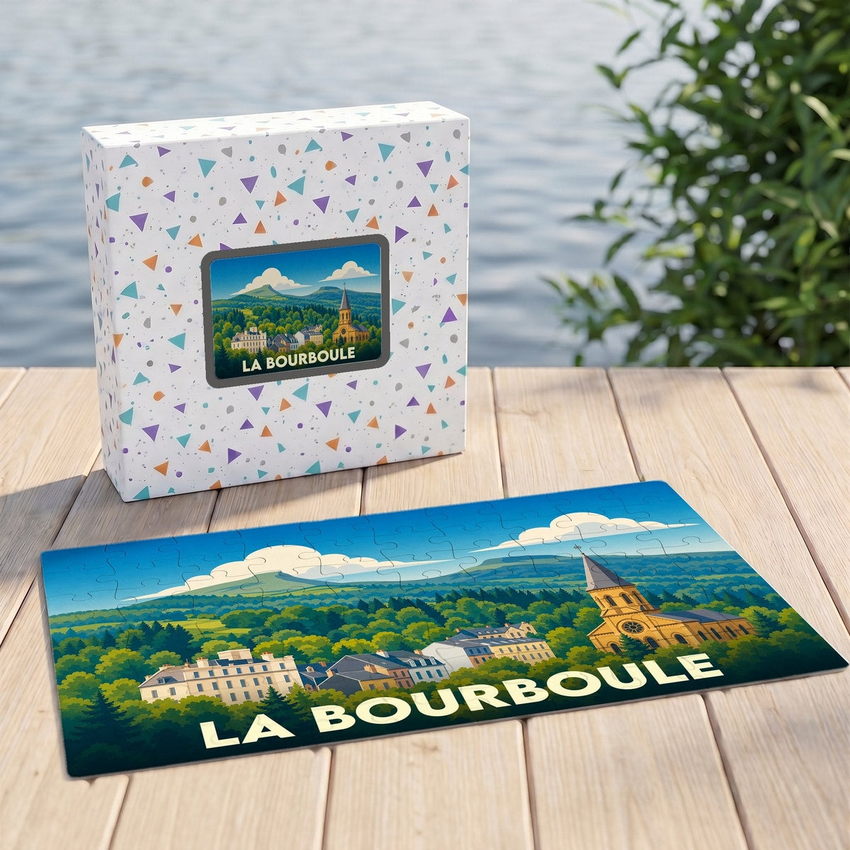 Puzzle souvenir de la ville de La Bourboule avec une illustration stylisée d'un paysage de montagne.