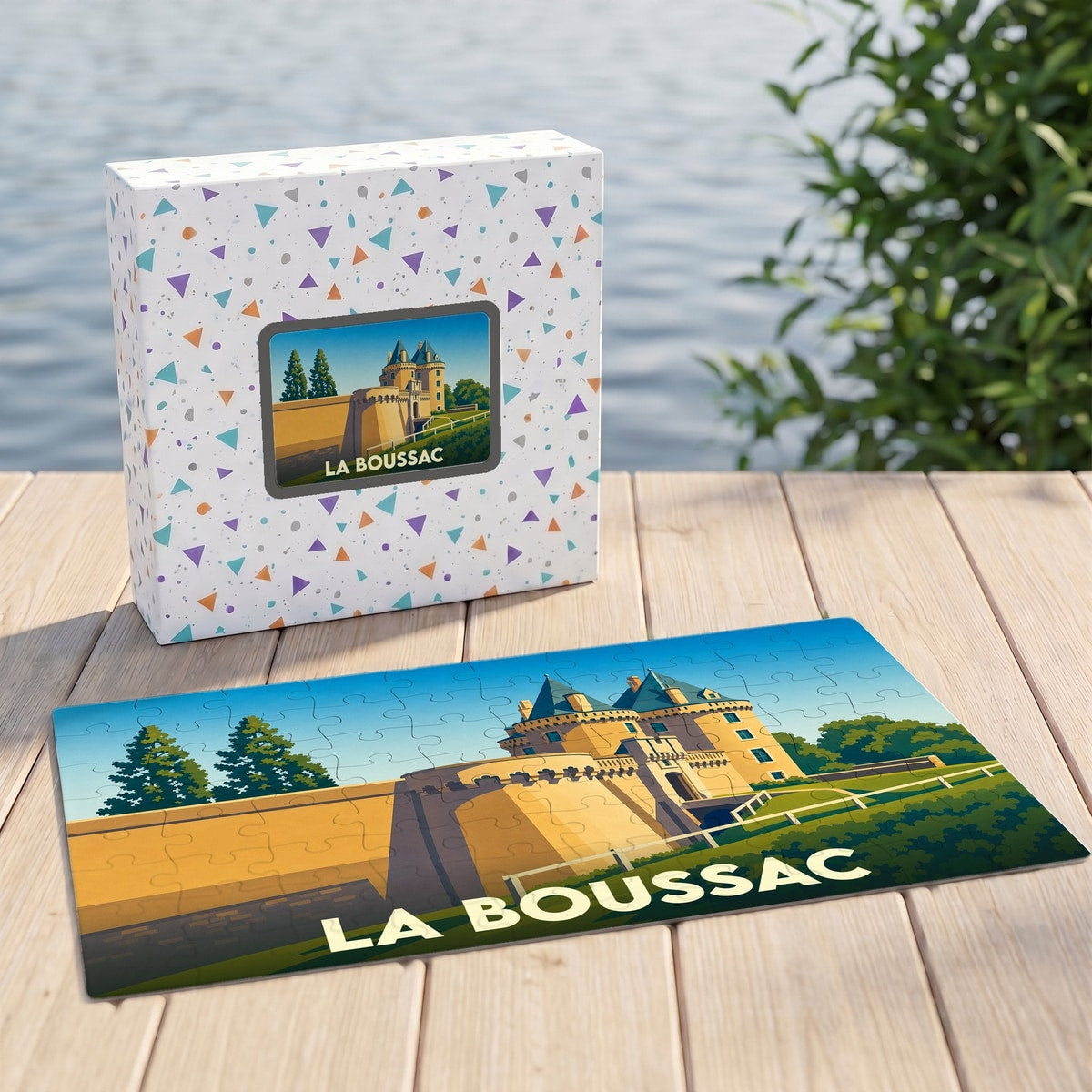 Puzzle souvenir de la ville de La Boussac avec une illustration stylisée d'un château médiéval.