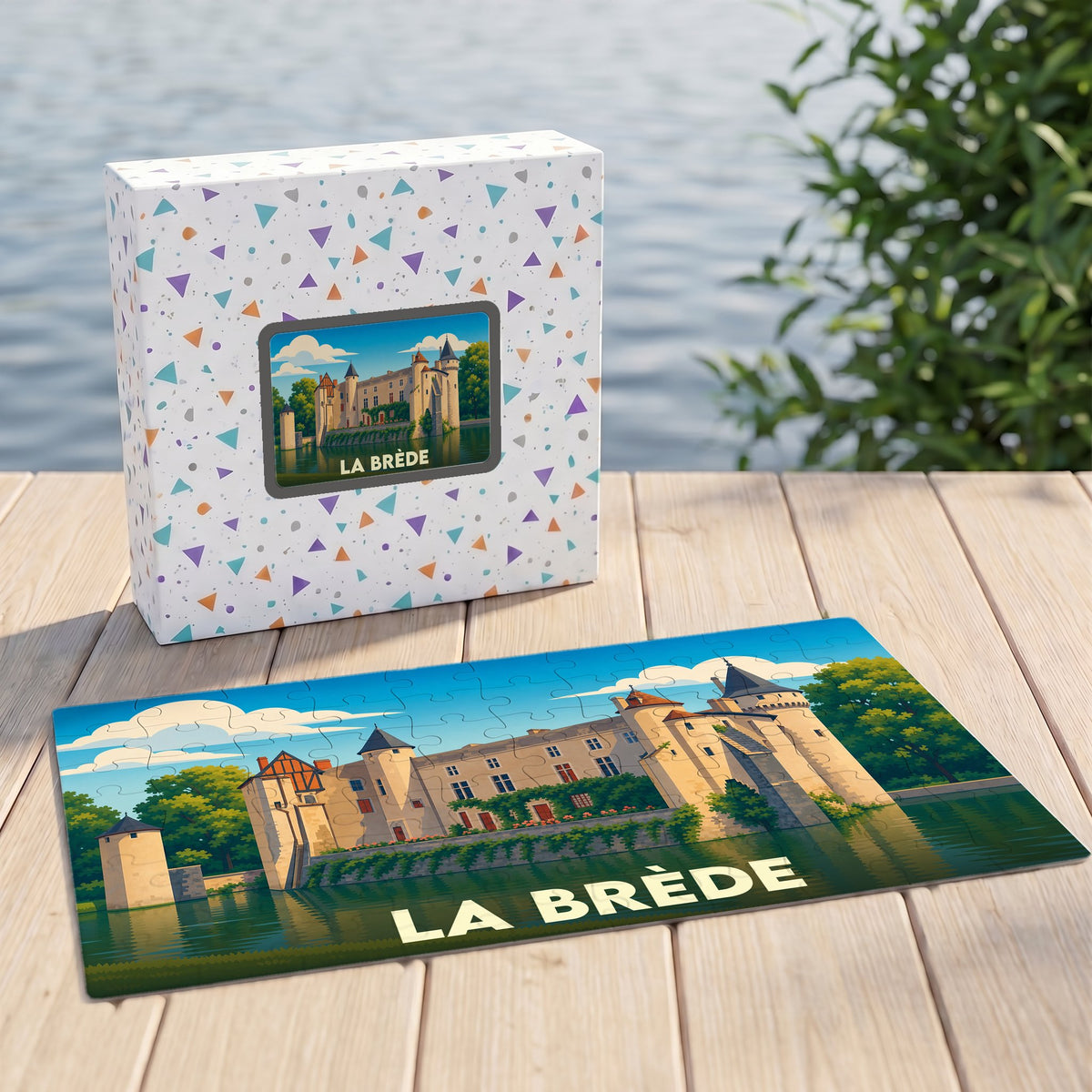 Puzzle souvenir de la ville de La Brède avec une illustration stylisée de son château.