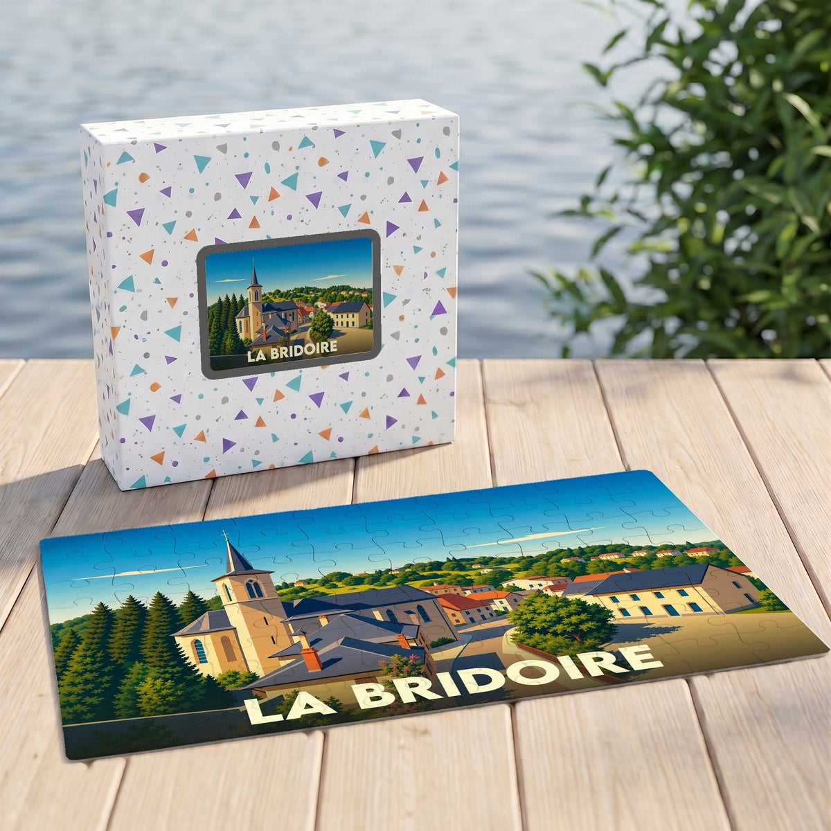 Puzzle souvenir de la ville de La Bridoire avec une illustration stylisée d'un village français.
