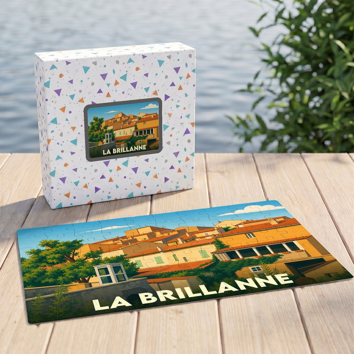 Puzzle souvenir de la ville de La Brillanne présentant une illustration stylisée d'un paysage urbain provençal.