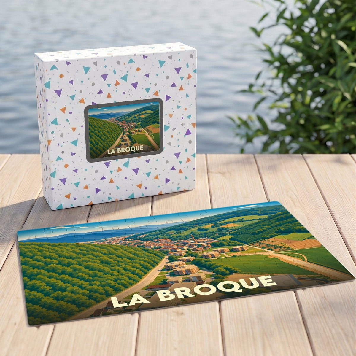 Puzzle souvenir de la ville de La Broque avec une illustration panoramique stylisée dans sa boîte assortie.