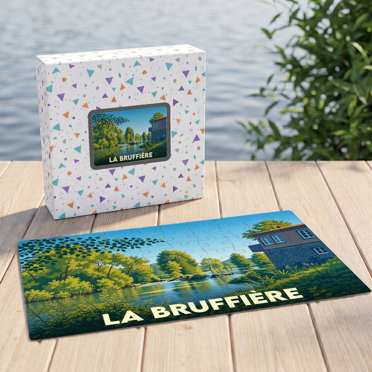 Puzzle souvenir de la ville de La Bruffière représentant un paysage de rivière illustré.