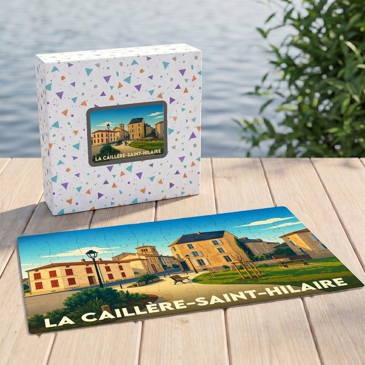 Puzzle souvenir de la ville de La Caillère-Saint-Hilaire avec une illustration stylisée.