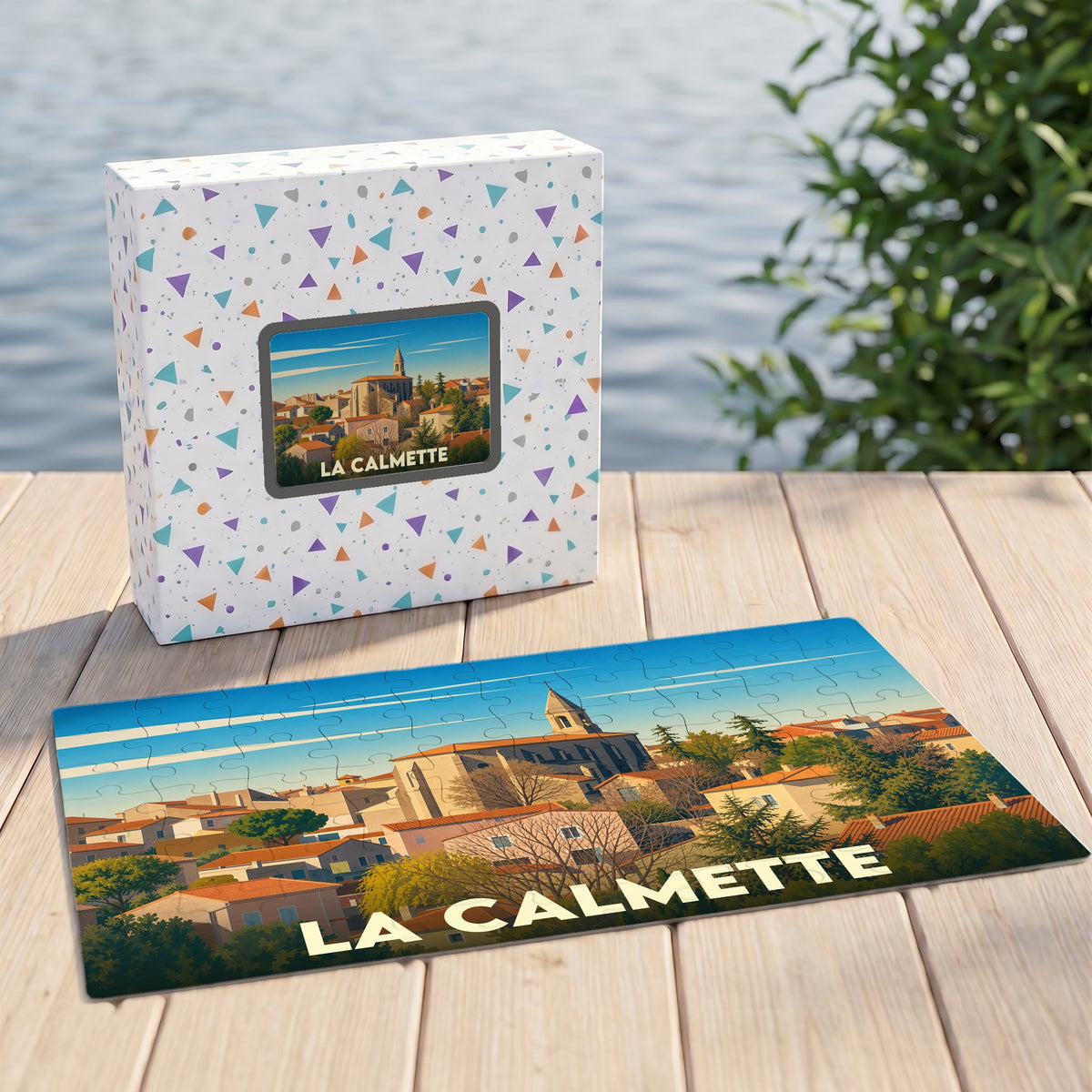 Puzzle souvenir de la ville de La Calmette avec une illustration stylisée.