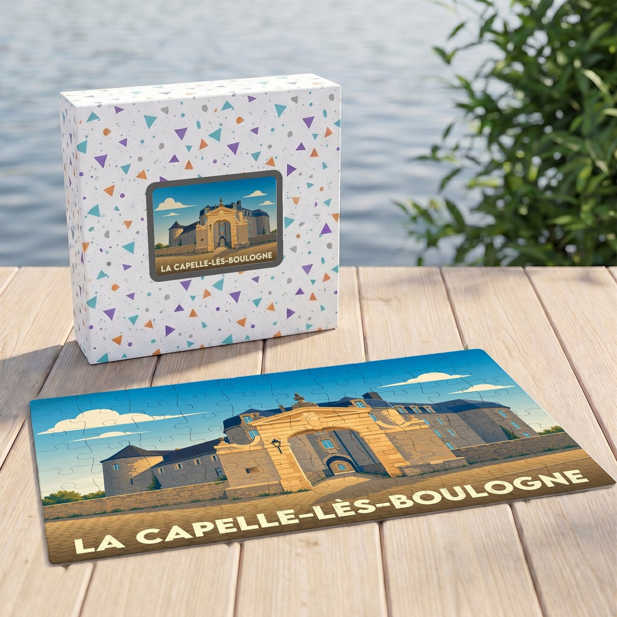 Puzzle souvenir de la ville de La Capelle-lès-Boulogne avec une illustration stylisée de son patrimoine architectural.