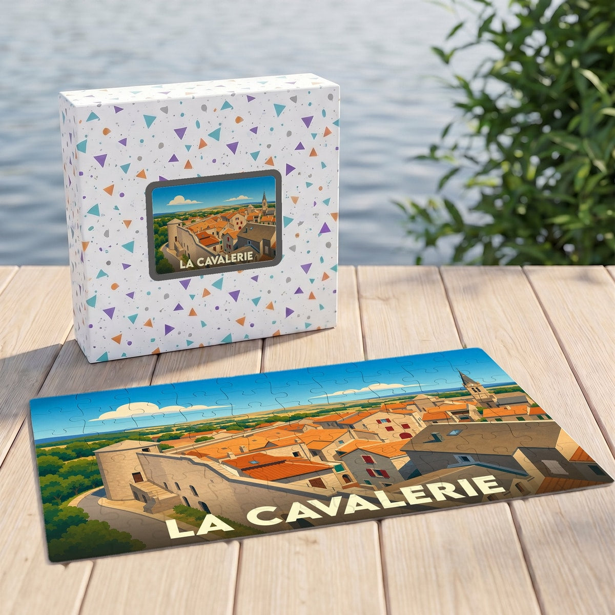 Puzzle souvenir de la ville de La Cavalerie présentant une illustration stylisée et colorée de ses remparts et toitures.