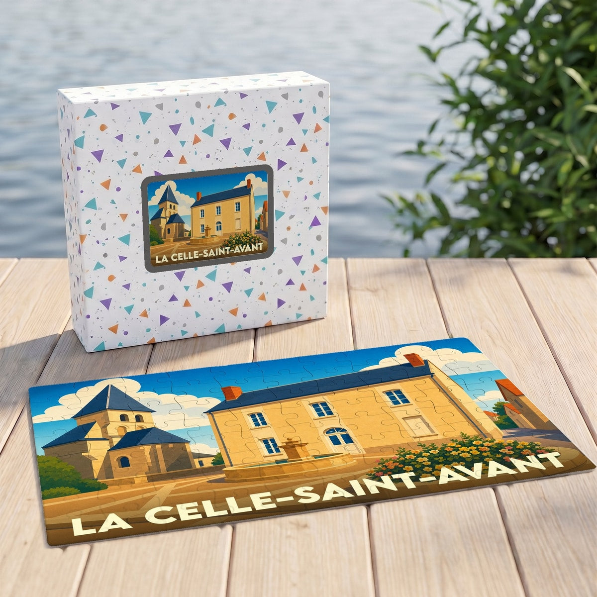 Puzzle souvenir de la ville de La Celle-Saint-Avant avec son emballage et une illustration stylisée.