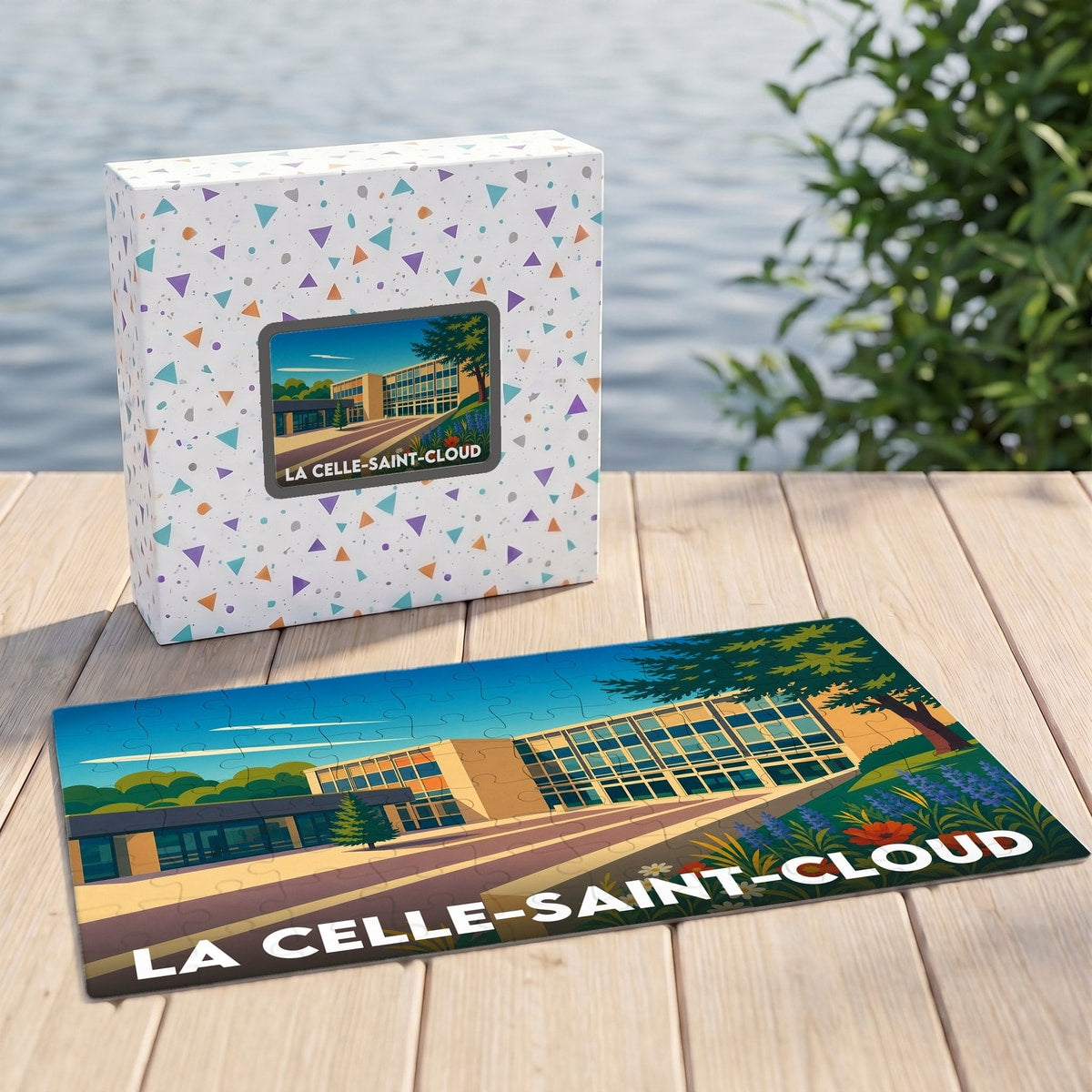 Puzzle souvenir de la ville de La Celle-Saint-Cloud avec une illustration stylisée du paysage urbain.