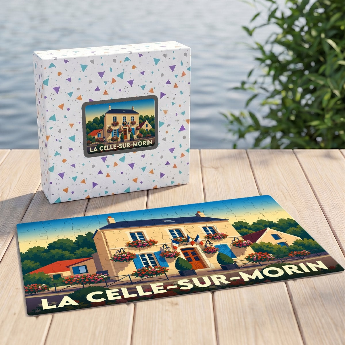 Puzzle souvenir de la ville de La Celle-sur-Morin avec une illustration stylisée d'une maison fleurie.