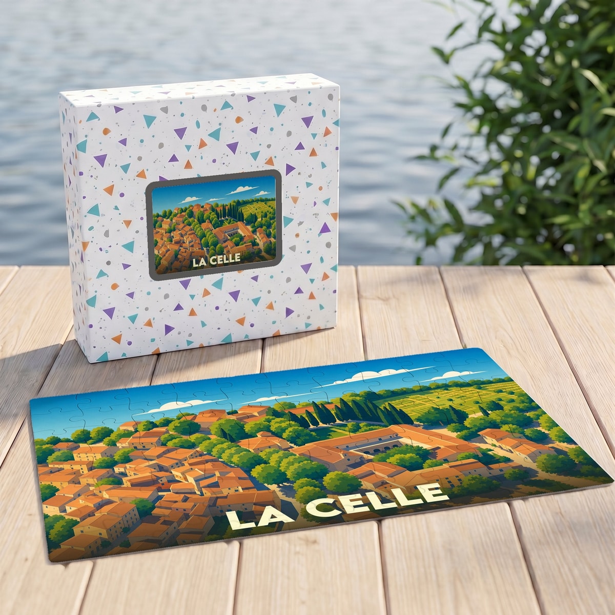 Puzzle souvenir de la ville de La Celle avec une illustration colorée de ses paysages et habitations.