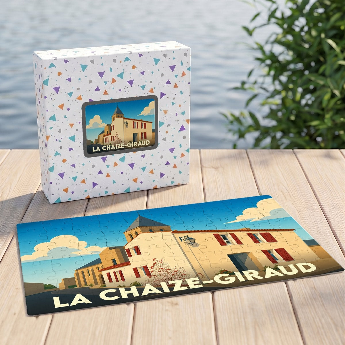 Puzzle souvenir de la commune de La Chaize-Giraud avec une illustration stylisée et colorée.
