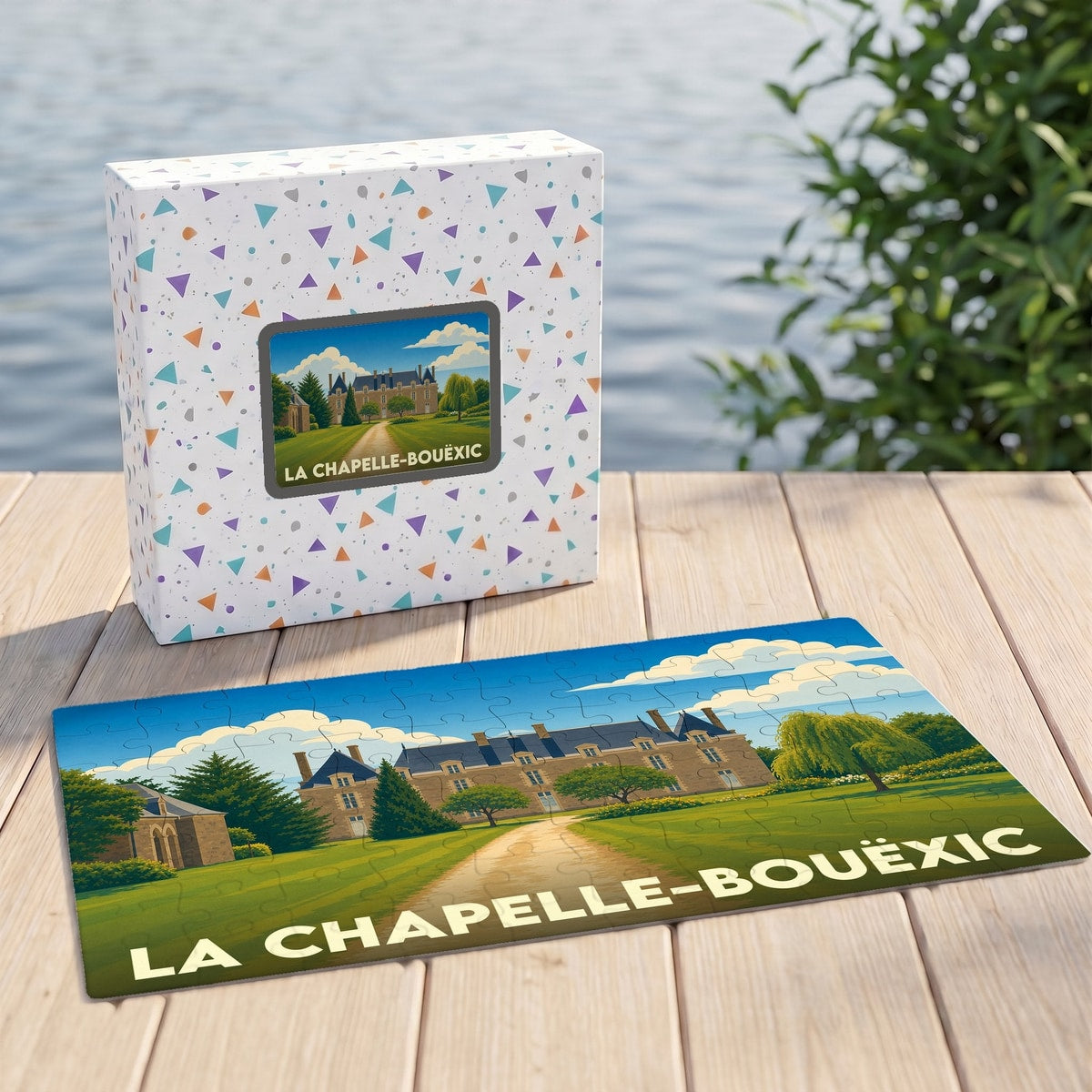 Puzzle souvenir de la ville de La Chapelle-Bouëxic illustrant son château dans un style graphique épuré.