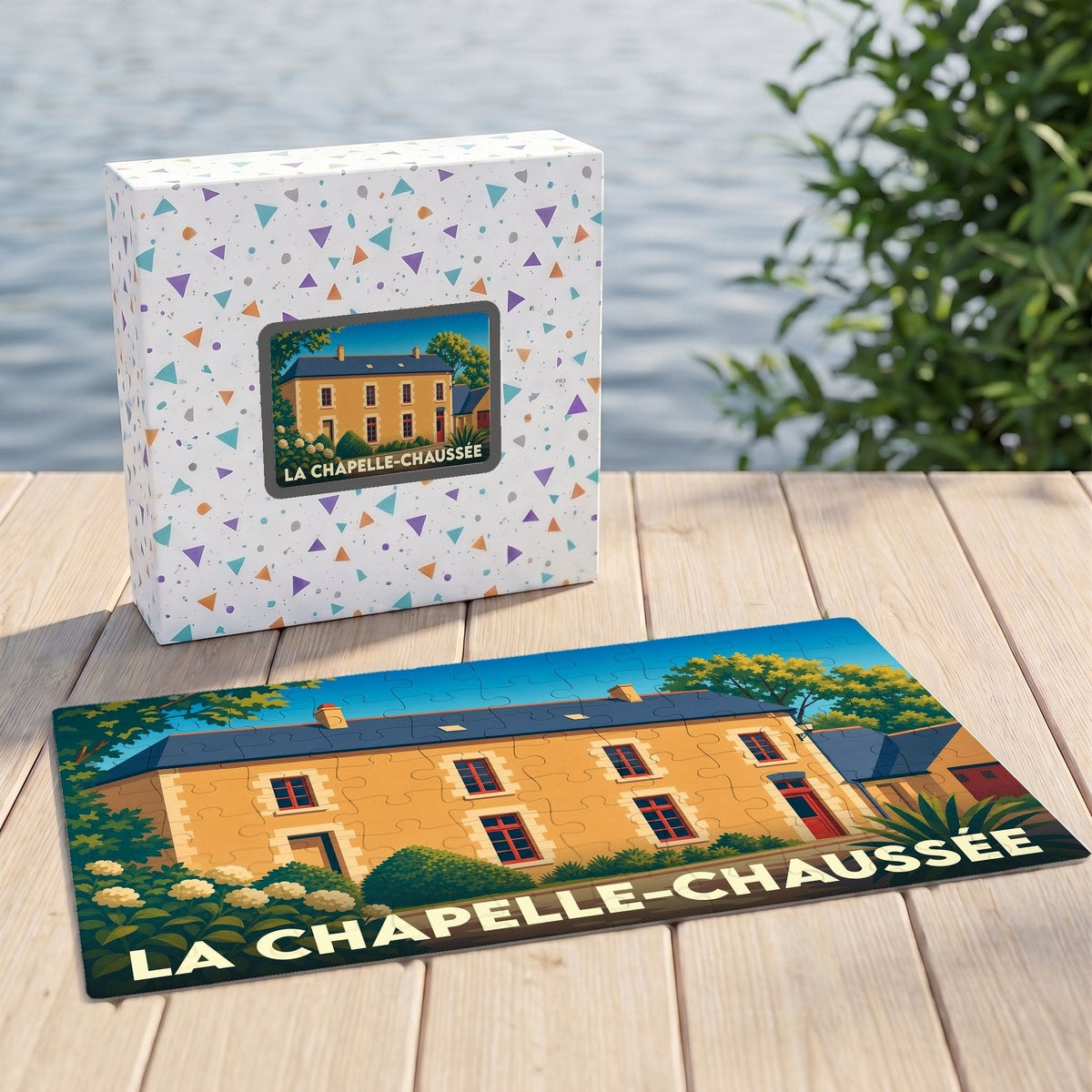 Puzzle souvenir de la ville de La Chapelle-Chaussée avec une illustration stylisée de maison ancienne.