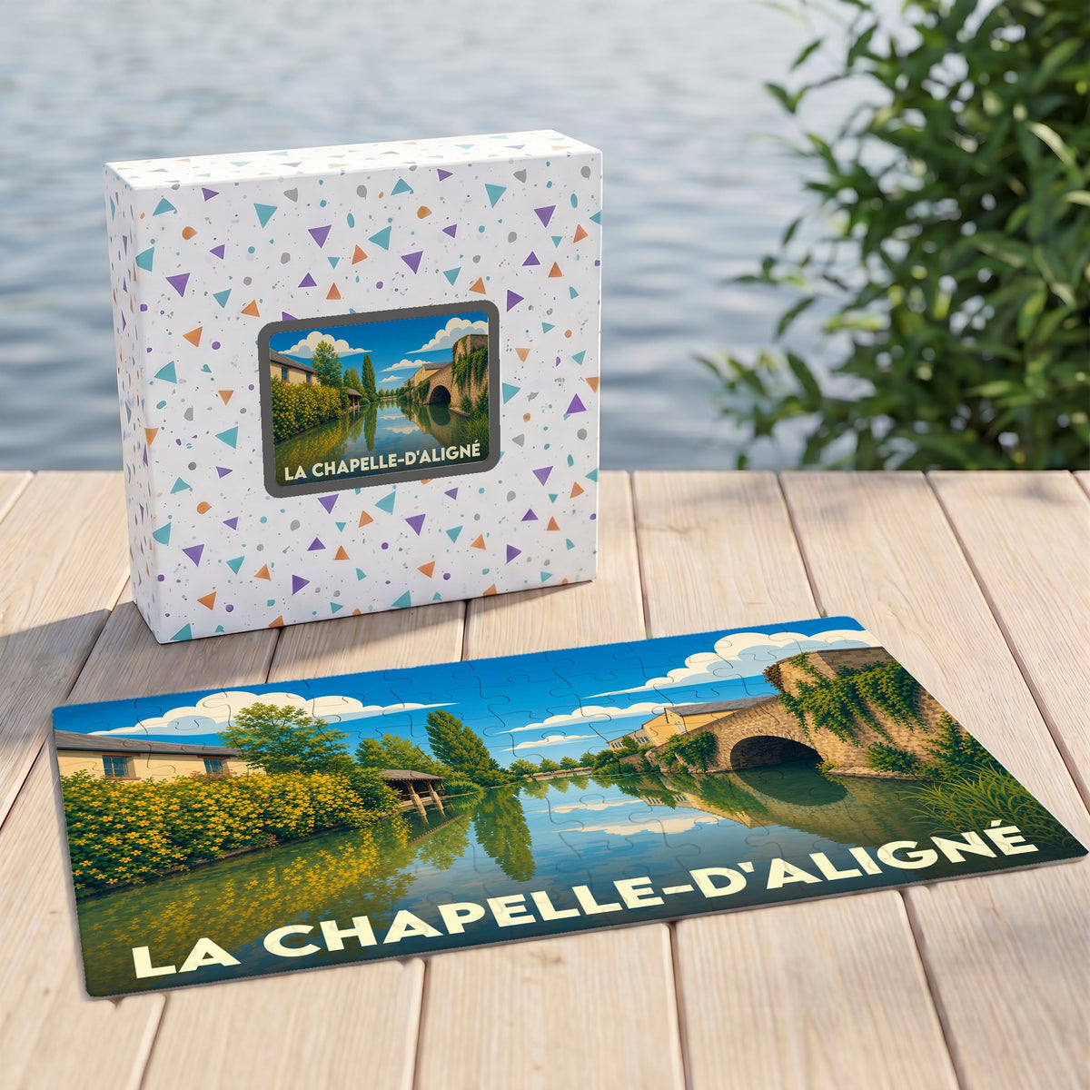Puzzle souvenir de la ville de La Chapelle-d'Aligné avec une illustration stylisée.