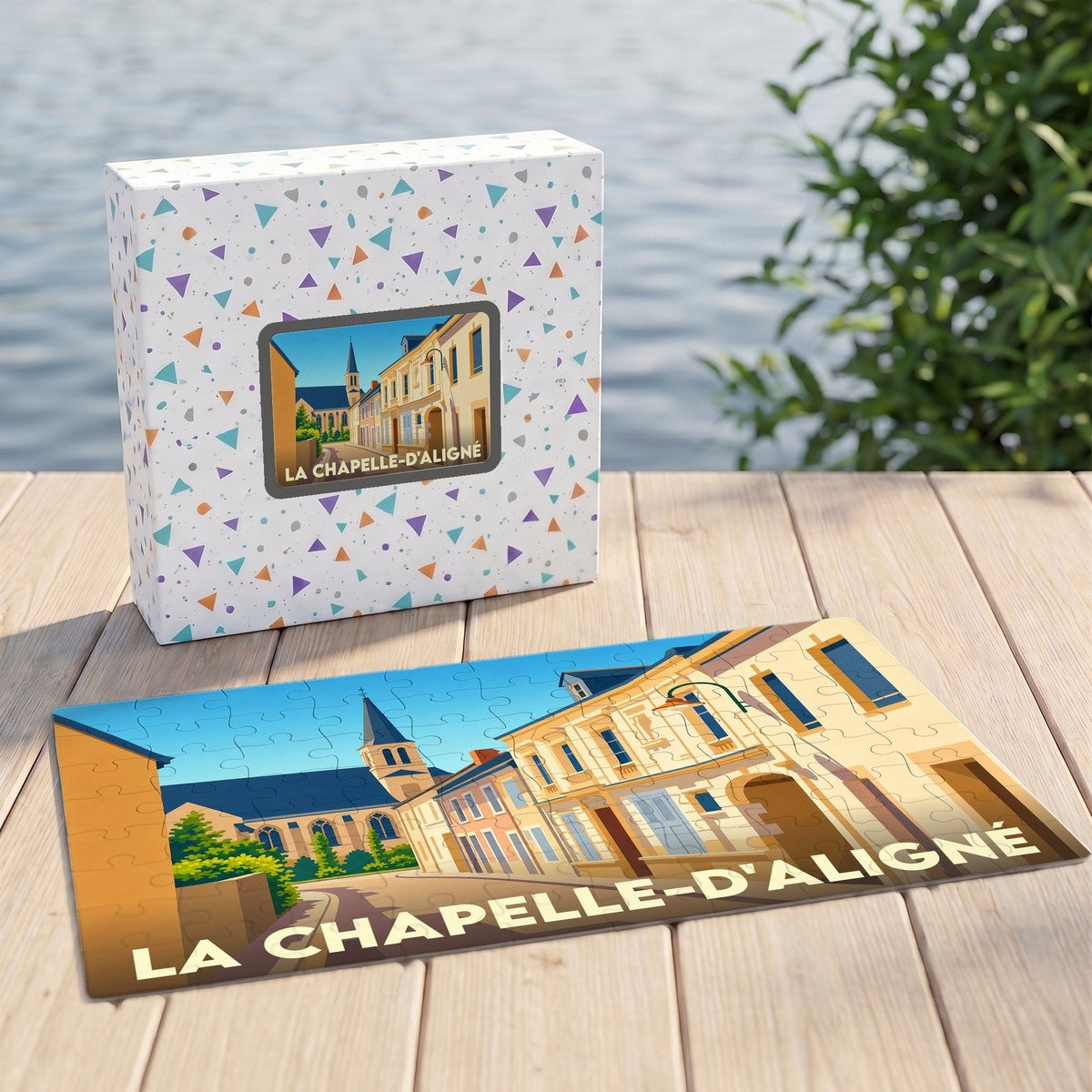 Puzzle souvenir de la ville de La Chapelle-d'Aligné avec une illustration stylisée.