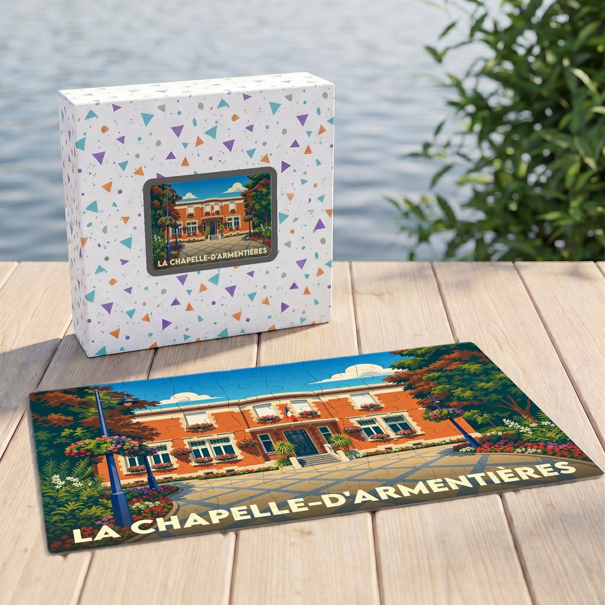 Puzzle souvenir de la ville de La Chapelle-d'Armentières avec une illustration stylisée de son hôtel de ville.