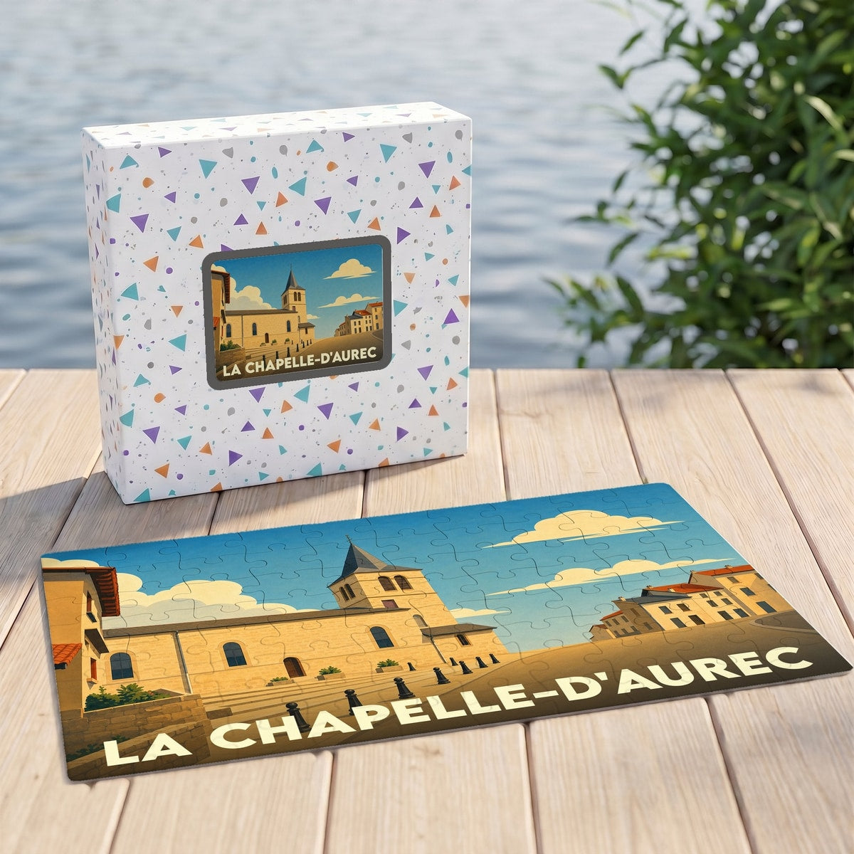 Puzzle souvenir de la ville de La Chapelle-d'Aurec avec une illustration stylisée et colorée.