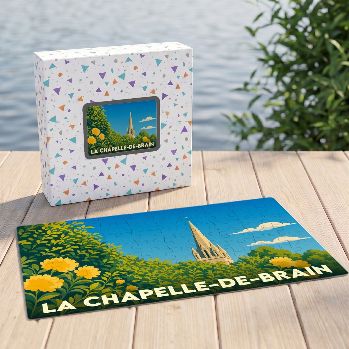 Puzzle souvenir de la ville de La Chapelle-de-Brain avec une illustration stylisée de son église.