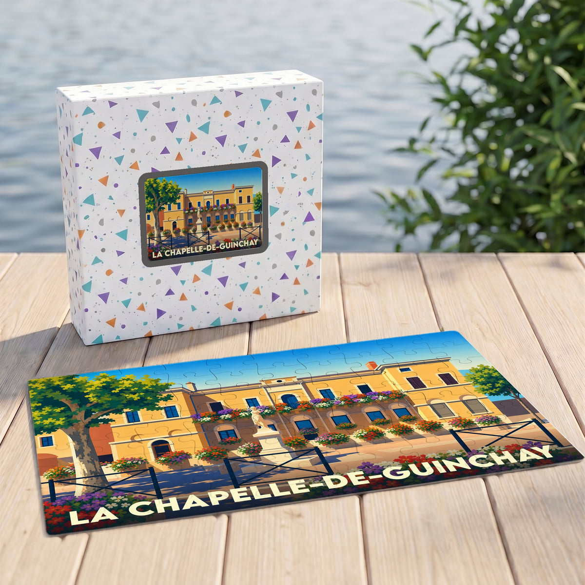 Puzzle souvenir de la ville de La Chapelle-de-Guinchay avec une illustration colorée de son patrimoine urbain.