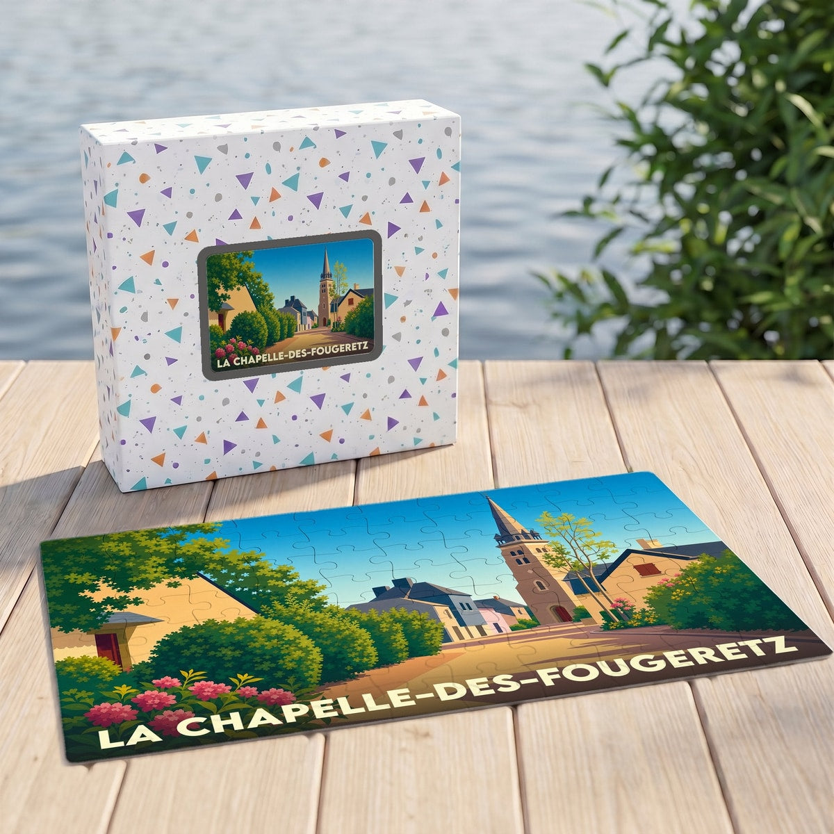 Puzzle souvenir de la ville de La Chapelle-des-Fougeretz illustré d'un paysage urbain stylisé et coloré.