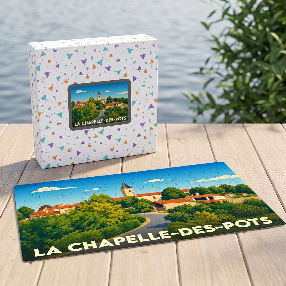 Puzzle souvenir de la ville de La Chapelle-des-Pots avec une illustration stylisée de son paysage et de son église.