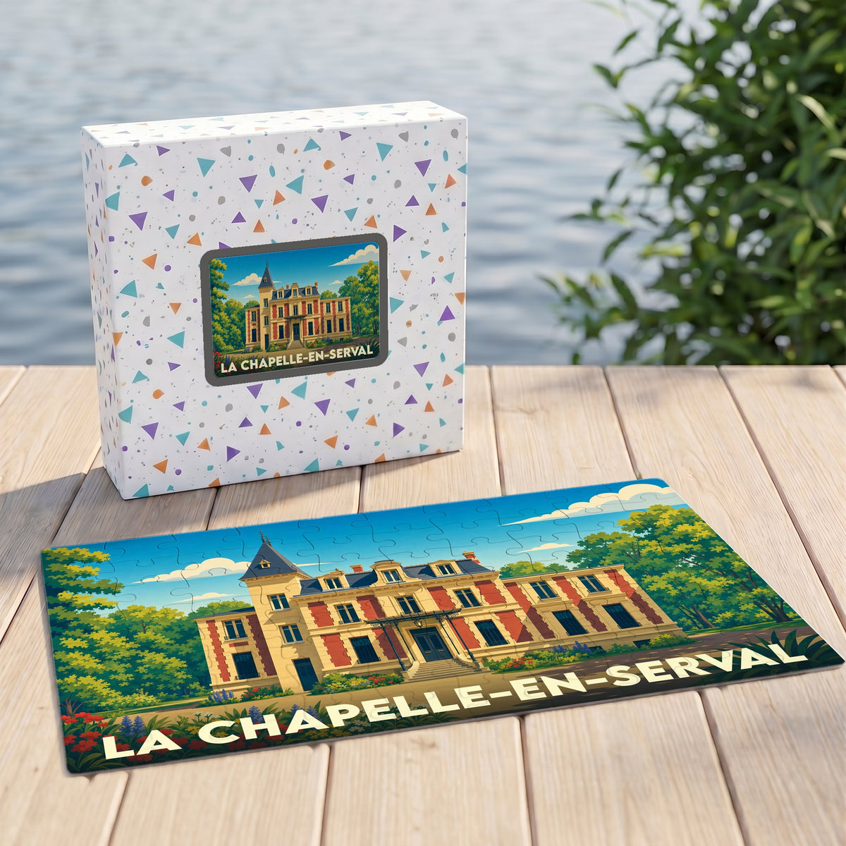 Puzzle souvenir de la ville de La Chapelle-en-Serval représentant une demeure historique avec une illustration stylisée.