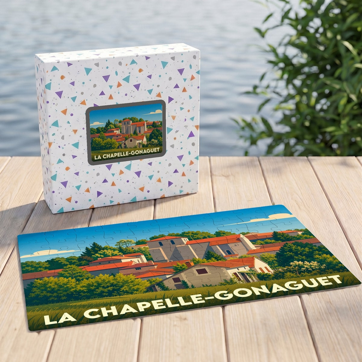 Puzzle souvenir de la ville de La Chapelle-Gonaguet avec une illustration stylisée.