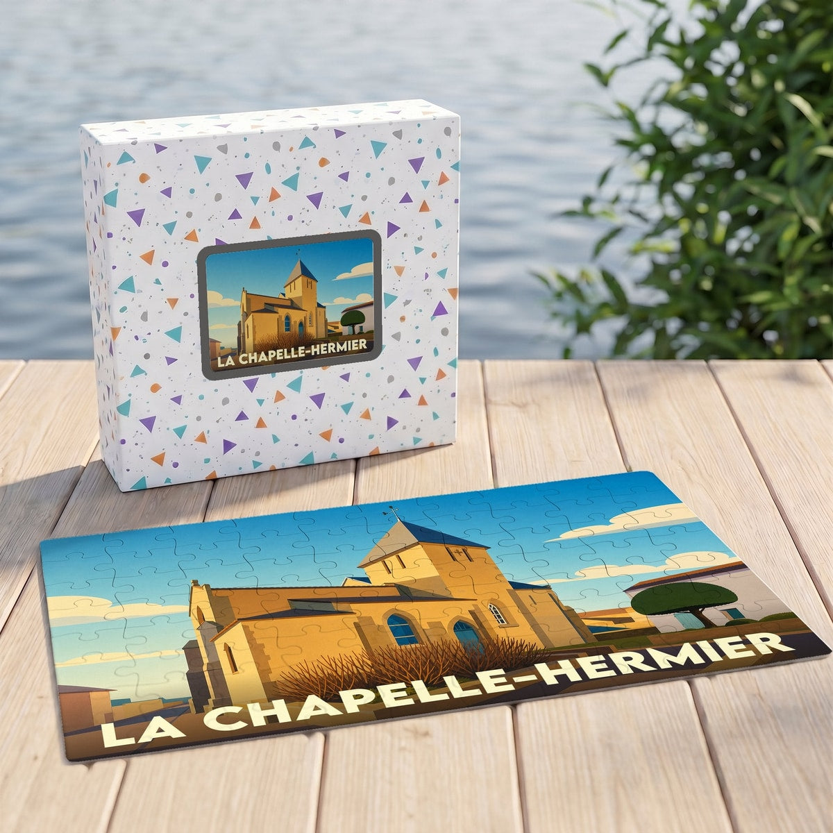 Puzzle souvenir de la ville de La Chapelle-Hermier avec une illustration stylisée et colorée de son église.