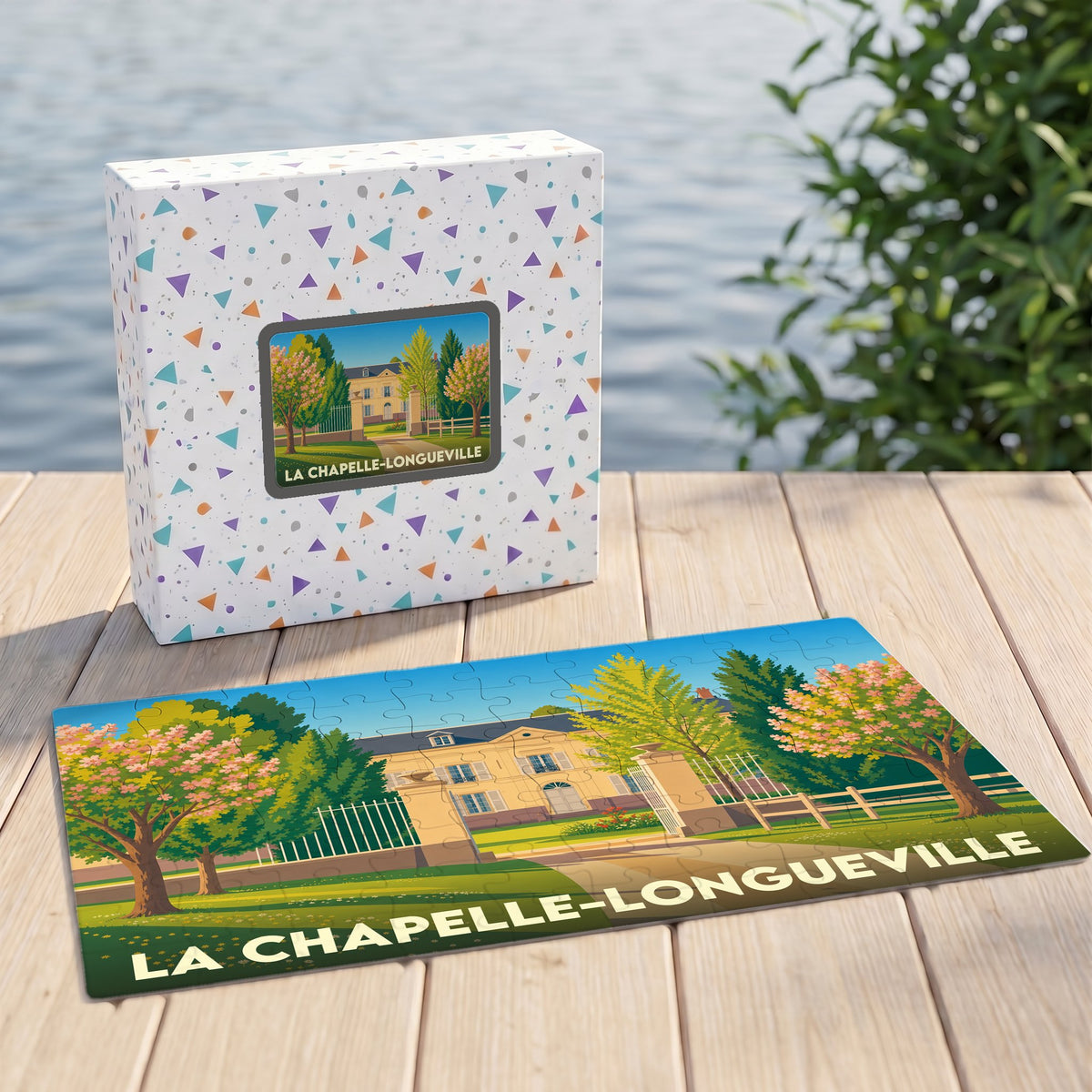 Puzzle souvenir de la ville de La Chapelle-Longueville avec une illustration stylisée.