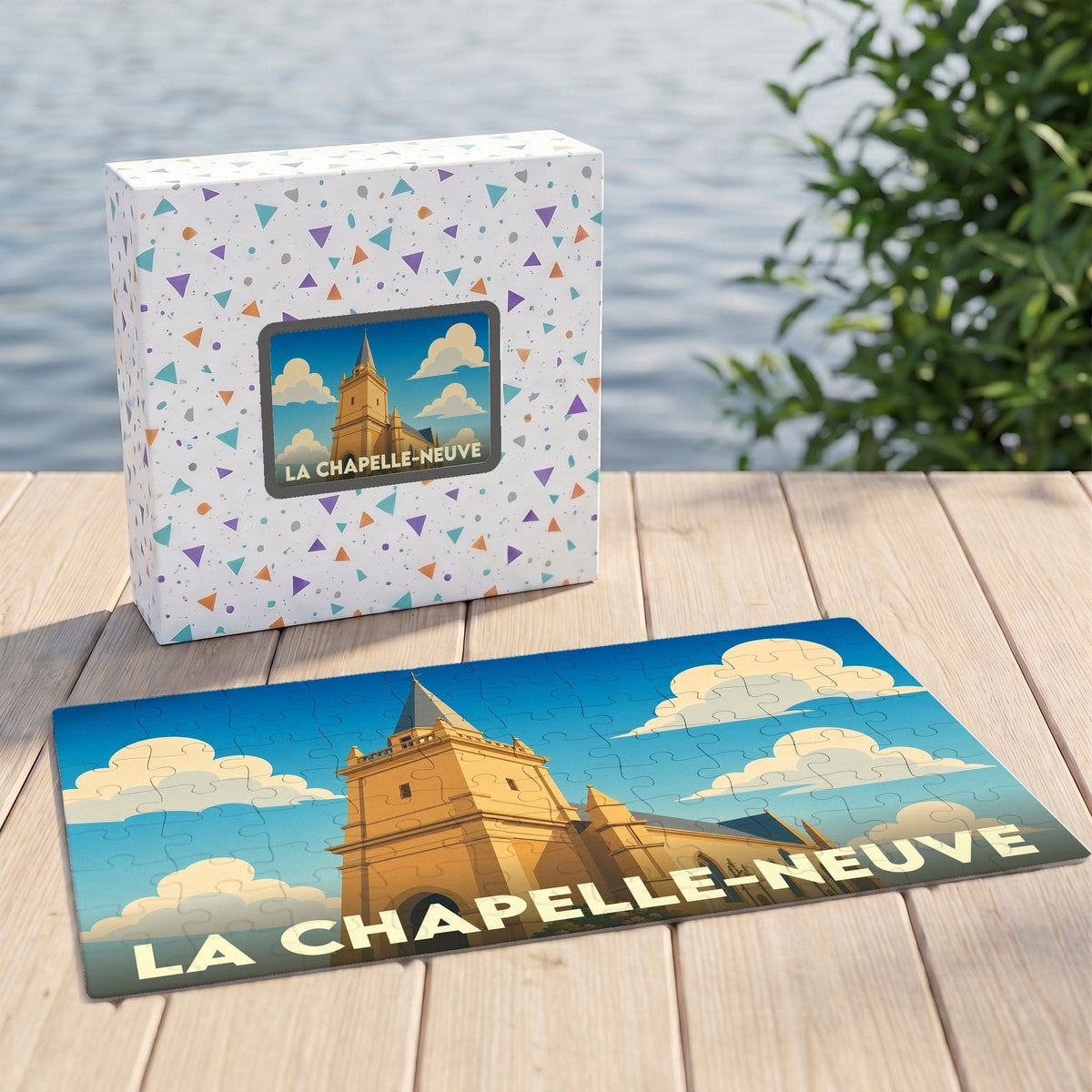 Puzzle souvenir de la commune de La Chapelle-Neuve avec une illustration stylisée de son église.