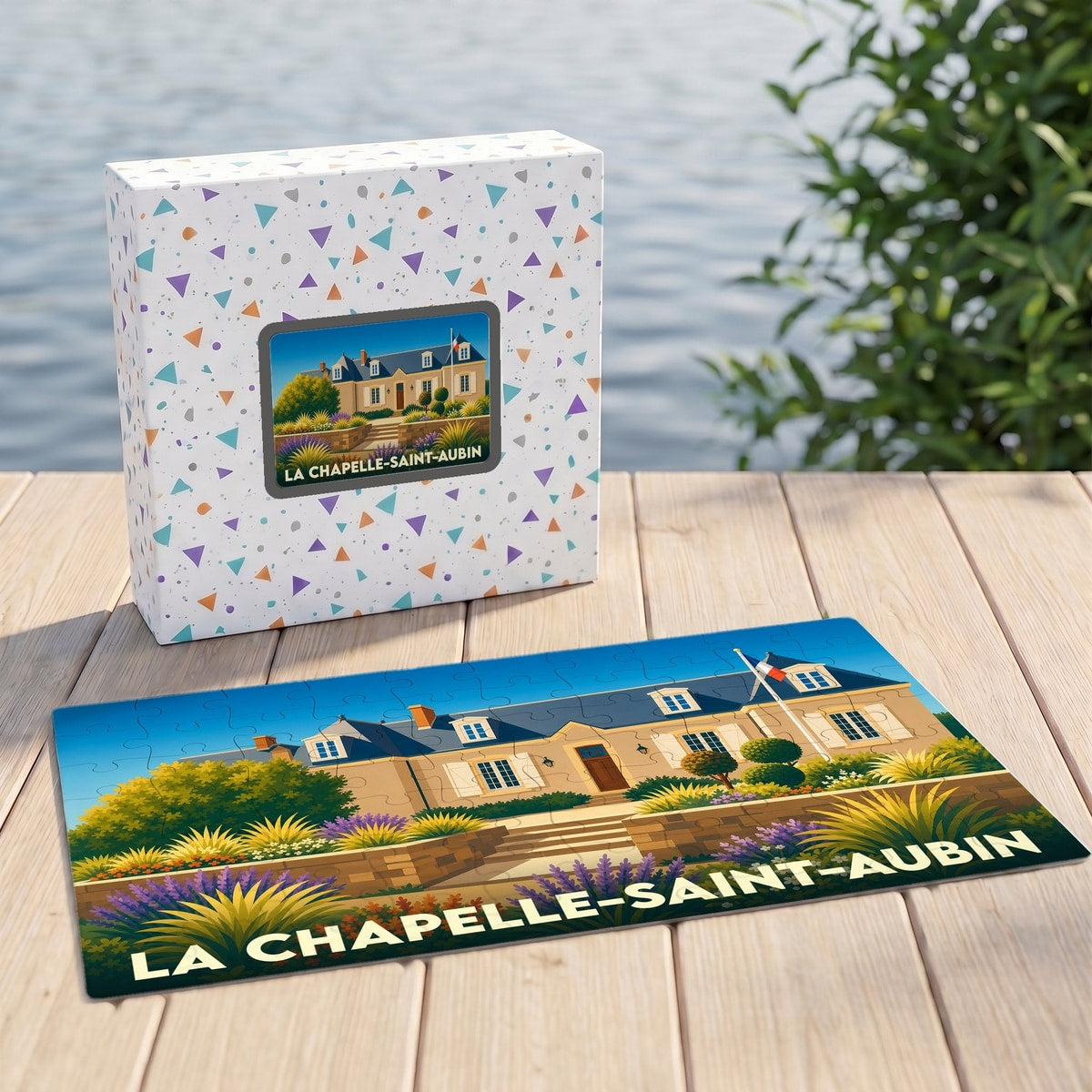 Puzzle souvenir de la ville de La Chapelle-Saint-Aubin avec une illustration stylisée.