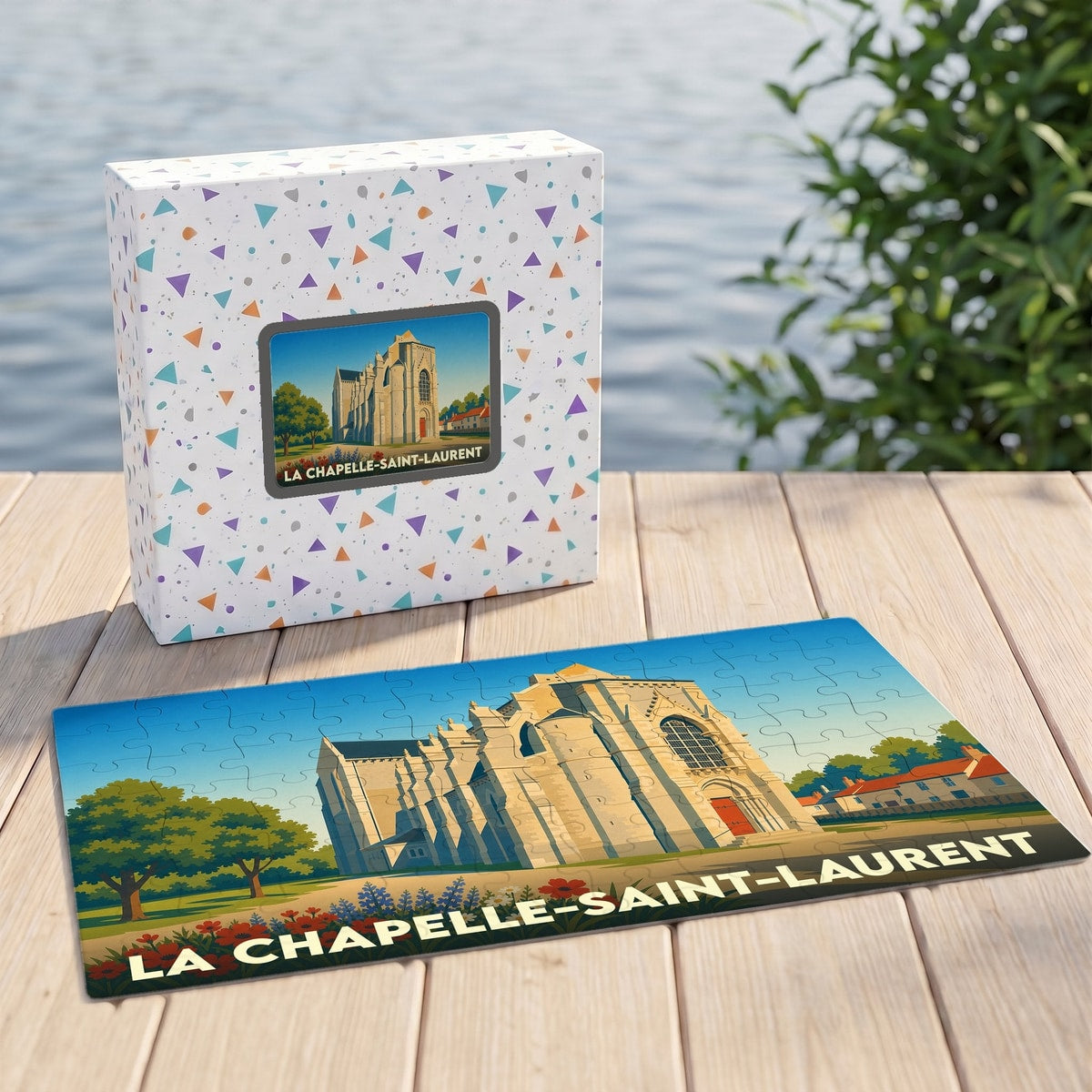 Puzzle souvenir de la ville de La Chapelle-Saint-Laurent avec une illustration stylisée de son église.
