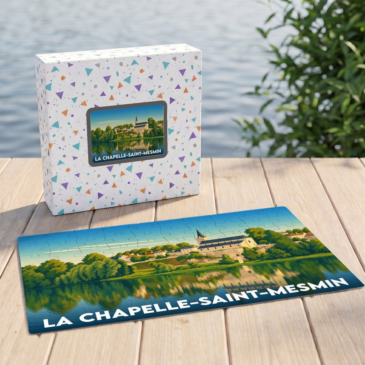 Puzzle souvenir de la ville de La Chapelle-Saint-Mesmin avec une illustration stylisée des bords de Loire.
