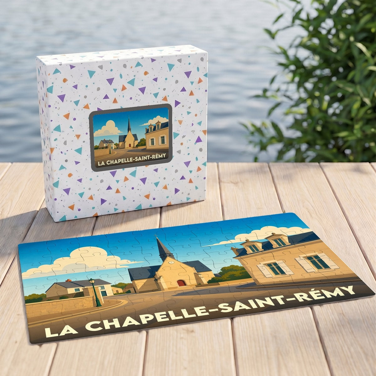 Puzzle souvenir de la ville de La Chapelle-Saint-Rémy avec une illustration stylisée.